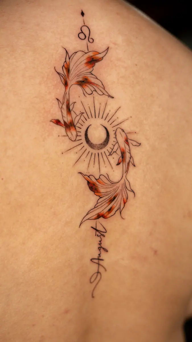 Koi-Fische mit Mond und Sternzeichen, Fineline-Tattoo auf dem Schulterblatt