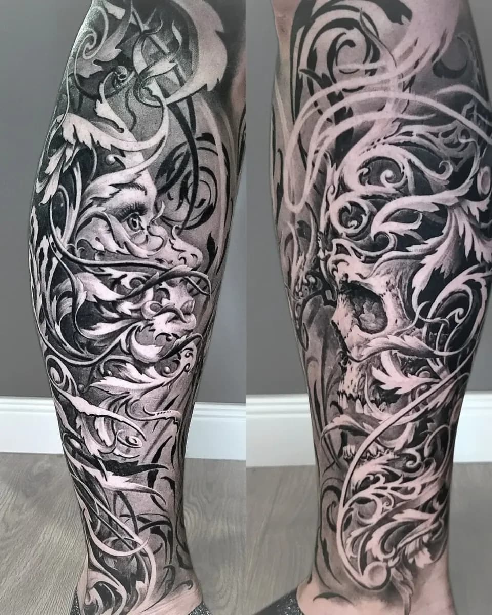 Ornamentales Totenkopf-Design, Blackwork-Tattoo am Unterschenkel – Arbeit von Eddy, Riverside Ink St. Margrethen