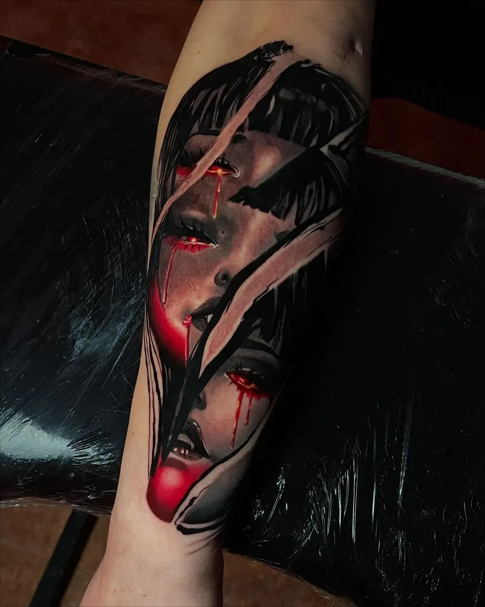 Dunkles Frauengesicht mit blutigen Tränen, Colour-Realistic-Tattoo am Unterarm – Arbeit von Ivan Majtan, Riverside Ink St. Margrethen