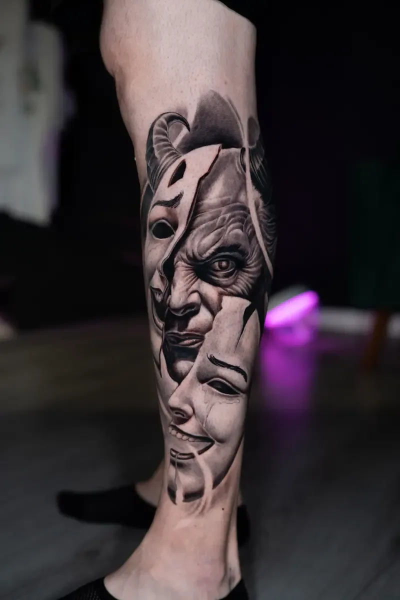 Dämonengesicht mit Theatermasken, Black-and-Grey-Realistic-Tattoo am Unterschenkel – Arbeit von Daniel Lago, Riverside Ink St. Margrethen