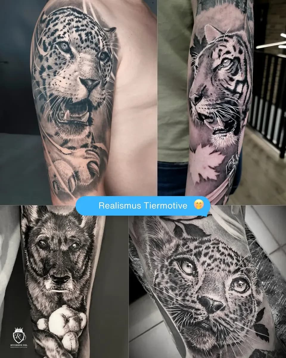 Leopardenkopf-Porträt, Black-and-Grey-Realistic-Tattoo auf dem Arm – Arbeit von Eddy, Riverside Ink St. Margrethen