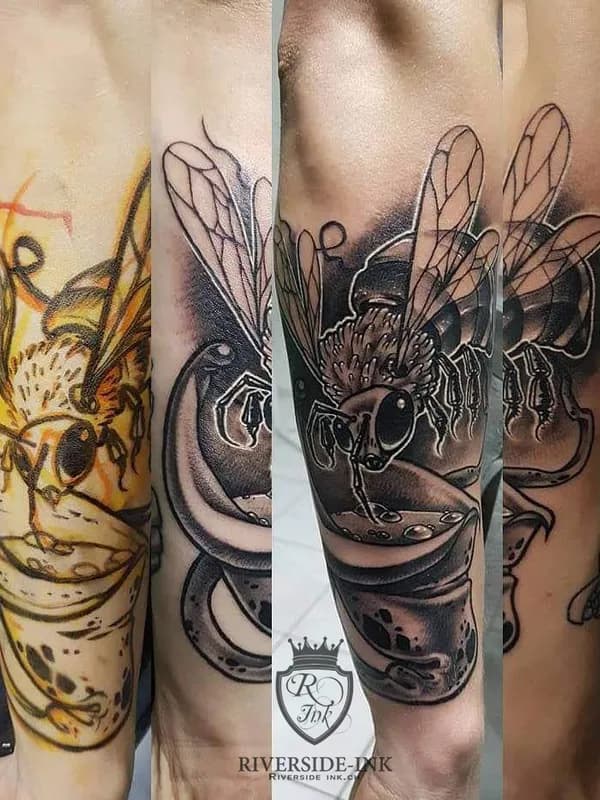 Vorher-Nachher: Biene auf Blüte, überarbeitetes Tattoo am Unterarm